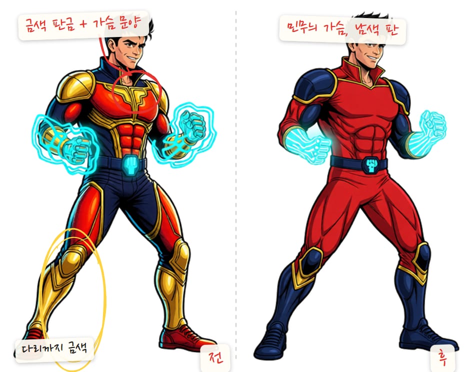 체이스 GEN 2 슈트의 전과 후. 전은 빨강에 금색 어깨와 다리 판금, 가슴 한가운데 금색 문양이 있고, 후는 가슴이 민무늬 빨강이고 판금은 진남색이에요. 전의 가슴 문양에 빨간 동그라미, 다리의 금색 판금에 노란 동그라미