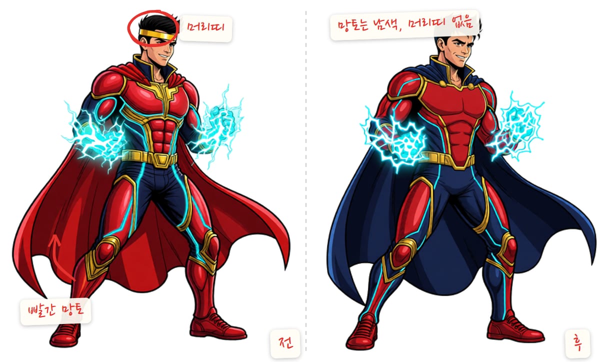 체이스 GEN 3 슈트의 전과 후. 전은 금색 머리띠에 진홍색 망토, 후는 머리띠가 없고 망토가 진남색이에요. 전의 머리띠에 빨간 동그라미, 빨간 망토에 화살표