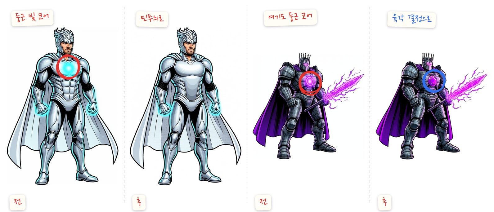 스카이키퍼와 오버로드의 가슴 전과 후. 스카이키퍼는 은백 갑옷 가슴의 둥근 청록 빛이 민무늬 판이 됐고, 오버로드는 가슴의 둥근 보라 빛이 육각 결정이 됐어요. 둥근 빛에 빨간 동그라미, 육각 결정에 파란 동그라미
