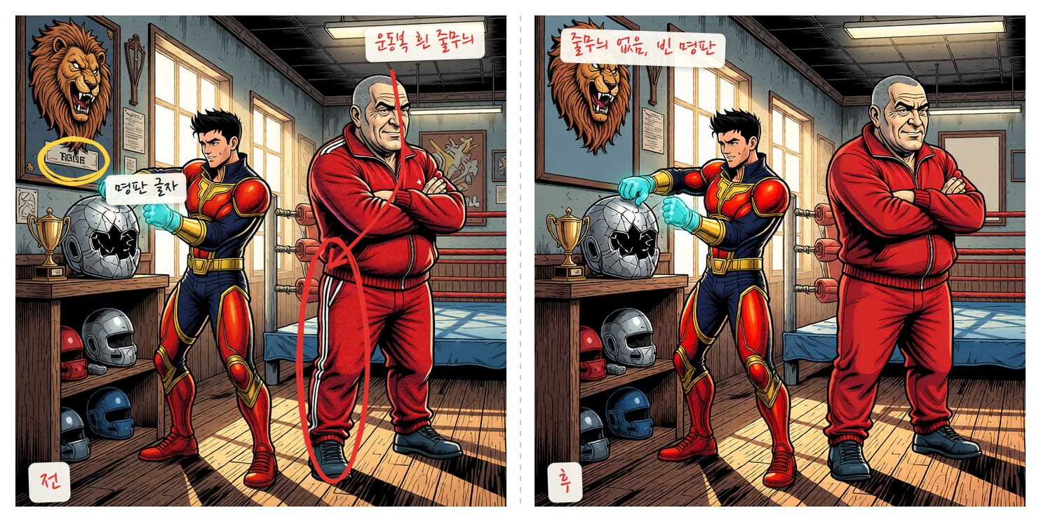 체이스 에필로그의 체육관 컷 전과 후. 전은 맥 관장의 빨간 운동복에 흰 줄무늬가 있고 벽의 명판에 글자가 있어요. 후는 민무늬 빨강에 빈 명판이에요. 줄무늬에 빨간 동그라미, 명판에 노란 동그라미