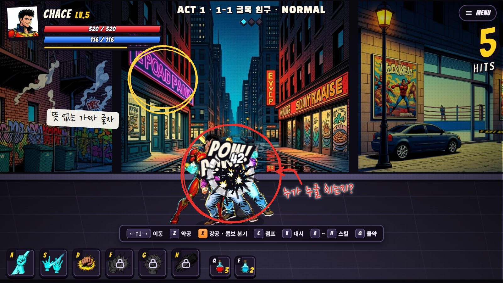 지금의 1-1 전투 화면. 체이스가 갱단 두 명을 치는 순간 POW 의성어와 피해 숫자 42가 뜨고, 오른쪽 위에 5 HITS 콤보 숫자가 보여요. 효과가 몰린 곳에 빨간 동그라미, 가짜 네온 글자에 노란 동그라미를 쳤어요