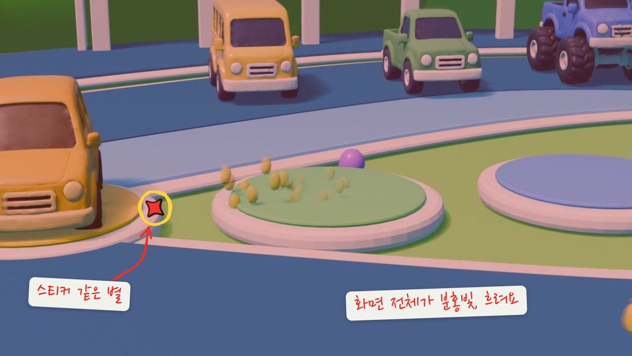물감 장면. 차가 물감 판을 지나가는 순간 화면 전체에 분홍빛 색 판이 덮여 흐릿하다. 작은 별 아이콘에 노란 동그라미