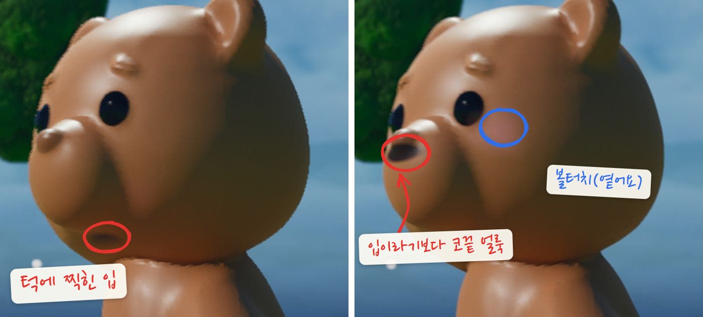 얼굴 확대 비교. 왼쪽은 입 자국이 턱에 찍힌 상태, 오른쪽은 코 밑으로 옮긴 입과 옅은 볼터치가 들어간 상태. 빨간 동그라미로 입 자리, 파란 동그라미로 볼터치 표시