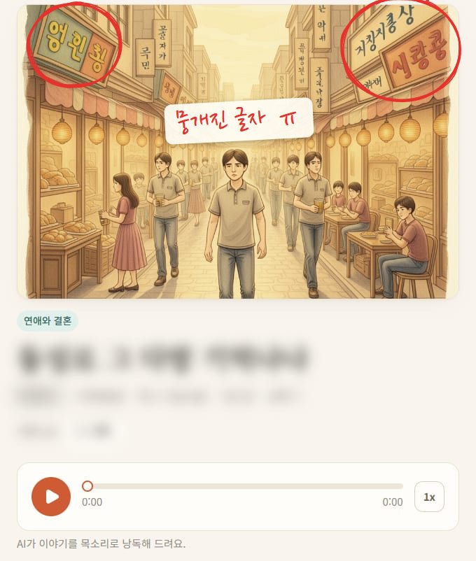 이야기 상세 화면 위쪽. 오래된 상점 거리를 걷는 사람들을 그린 따뜻한 색감의 표지 그림, 연애와 결혼 주제 표시, 흐리게 가린 제목과 작성자, 그 아래 낭독 재생 막대와 "AI가 이야기를 목소리로 낭독해 드려요" 문구가 있다. 글자가 뭉개진 간판 두 곳에 빨간 동그라미