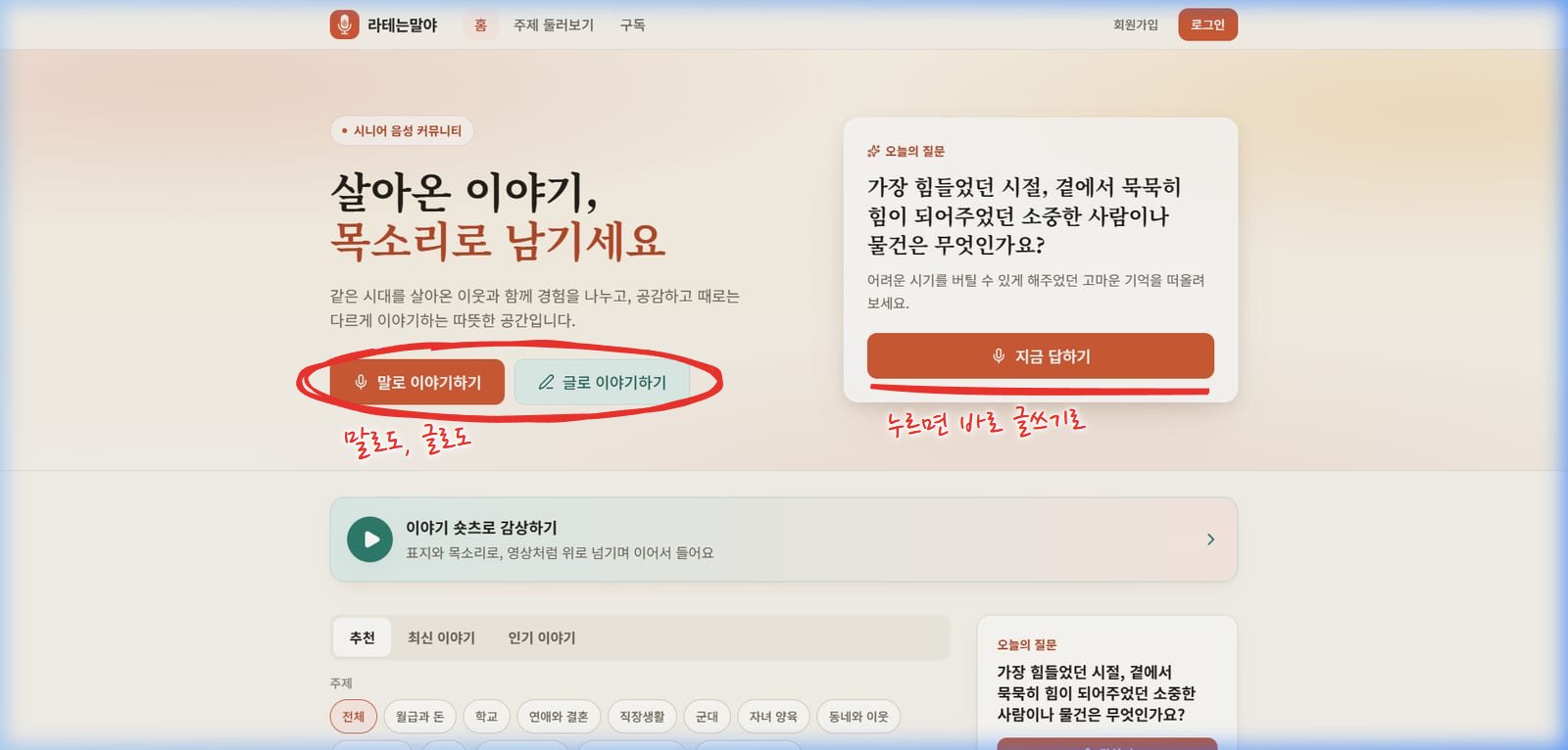 라테는말야 데스크톱 첫 화면. 왼쪽에 "살아온 이야기, 목소리로 남기세요" 문구와 말로 이야기하기, 글로 이야기하기 버튼, 오른쪽에 오늘의 질문 카드와 지금 답하기 버튼이 있다. 말로·글로 이야기하기 버튼에 빨간 동그라미, 지금 답하기에 밑줄