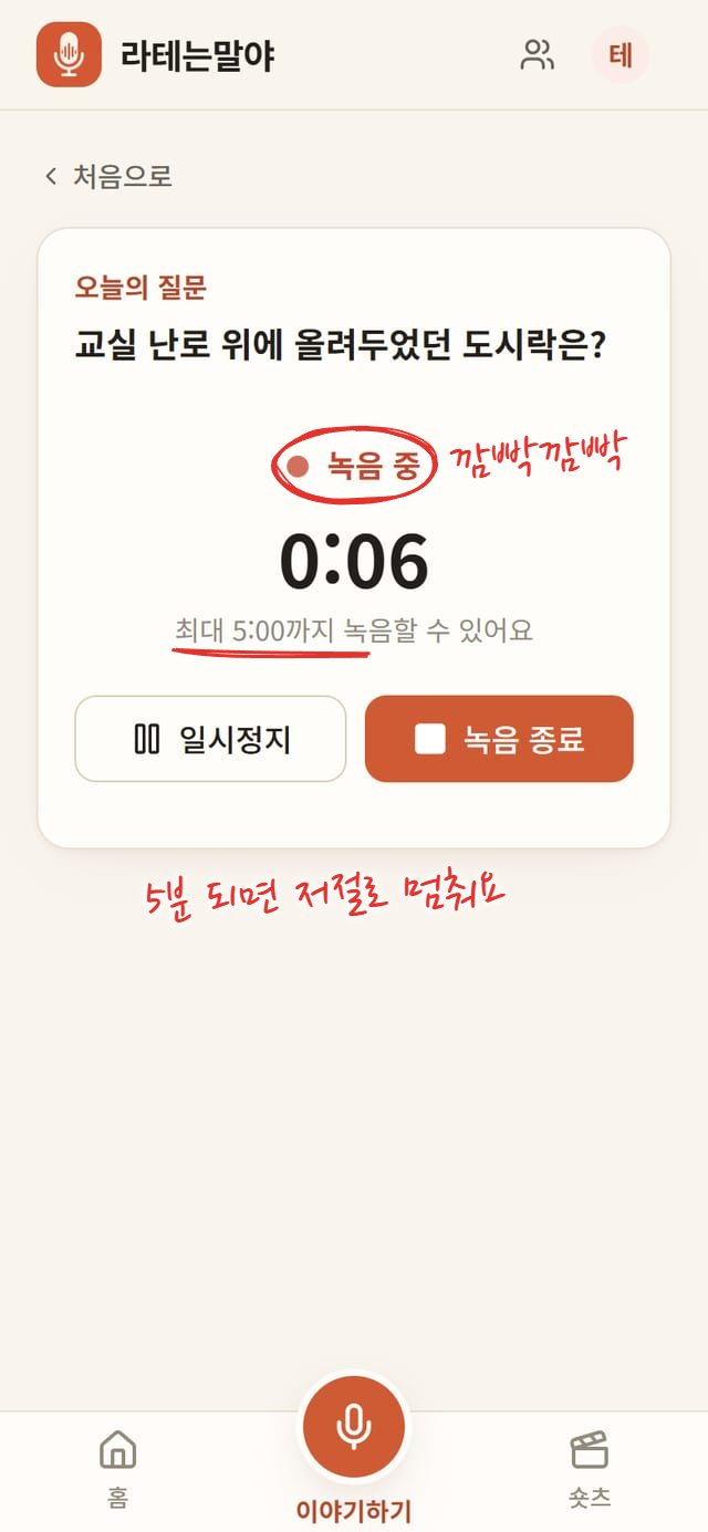 녹음 중인 휴대폰 화면. 오늘의 질문 아래에 빨간 점과 "녹음 중" 글자, 큰 글씨로 0:06, "최대 5:00까지 녹음할 수 있어요" 안내, 일시정지와 녹음 종료 버튼이 있다. 녹음 중 표시에 빨간 동그라미, 최대 5:00 안내에 밑줄
