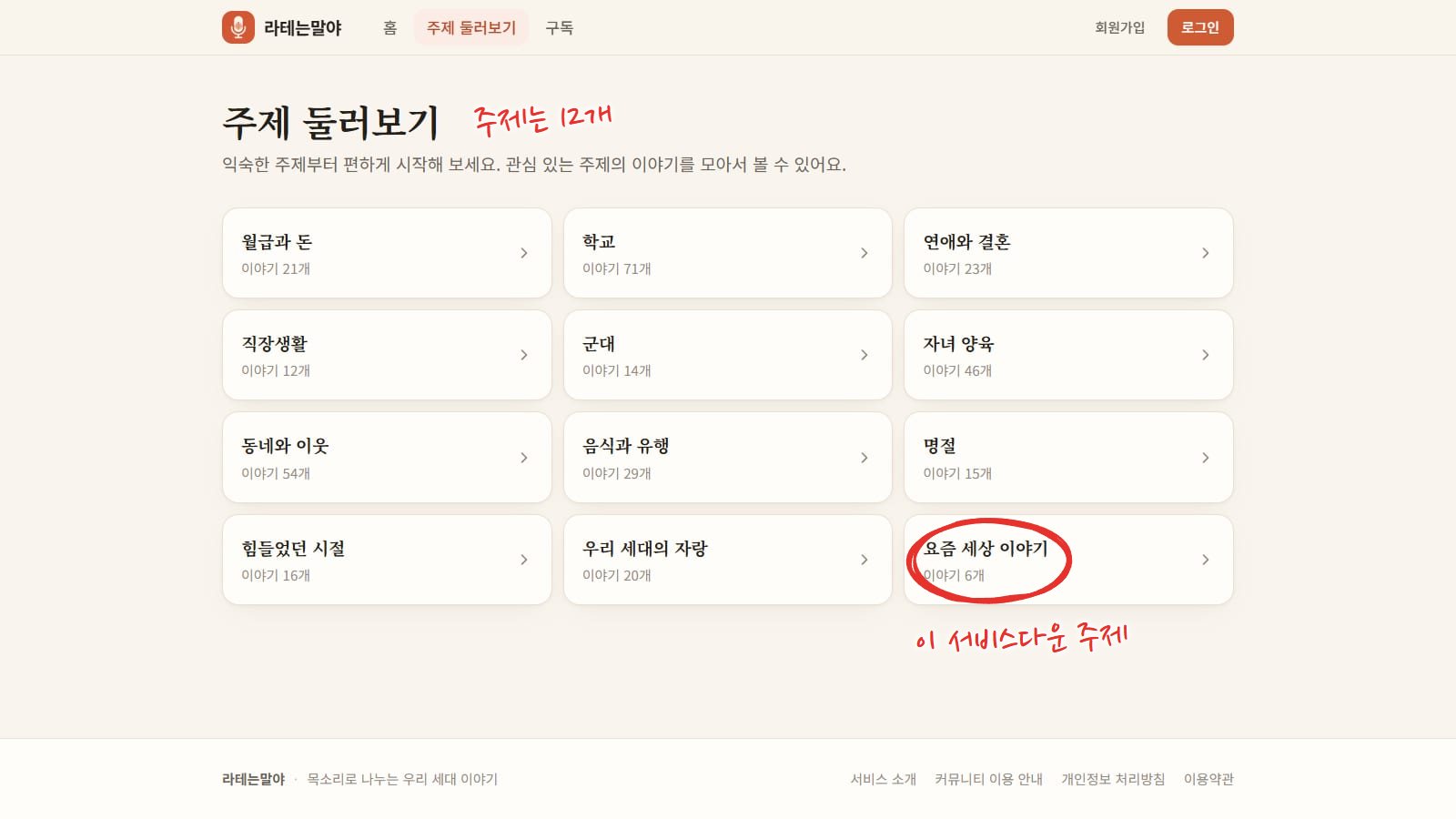 주제 둘러보기 화면. 월급과 돈, 학교, 연애와 결혼, 직장생활, 군대, 자녀 양육, 동네와 이웃, 음식과 유행, 명절, 힘들었던 시절, 우리 세대의 자랑, 요즘 세상 이야기 카드가 세 줄로 놓여 있다. 요즘 세상 이야기 카드에 빨간 동그라미