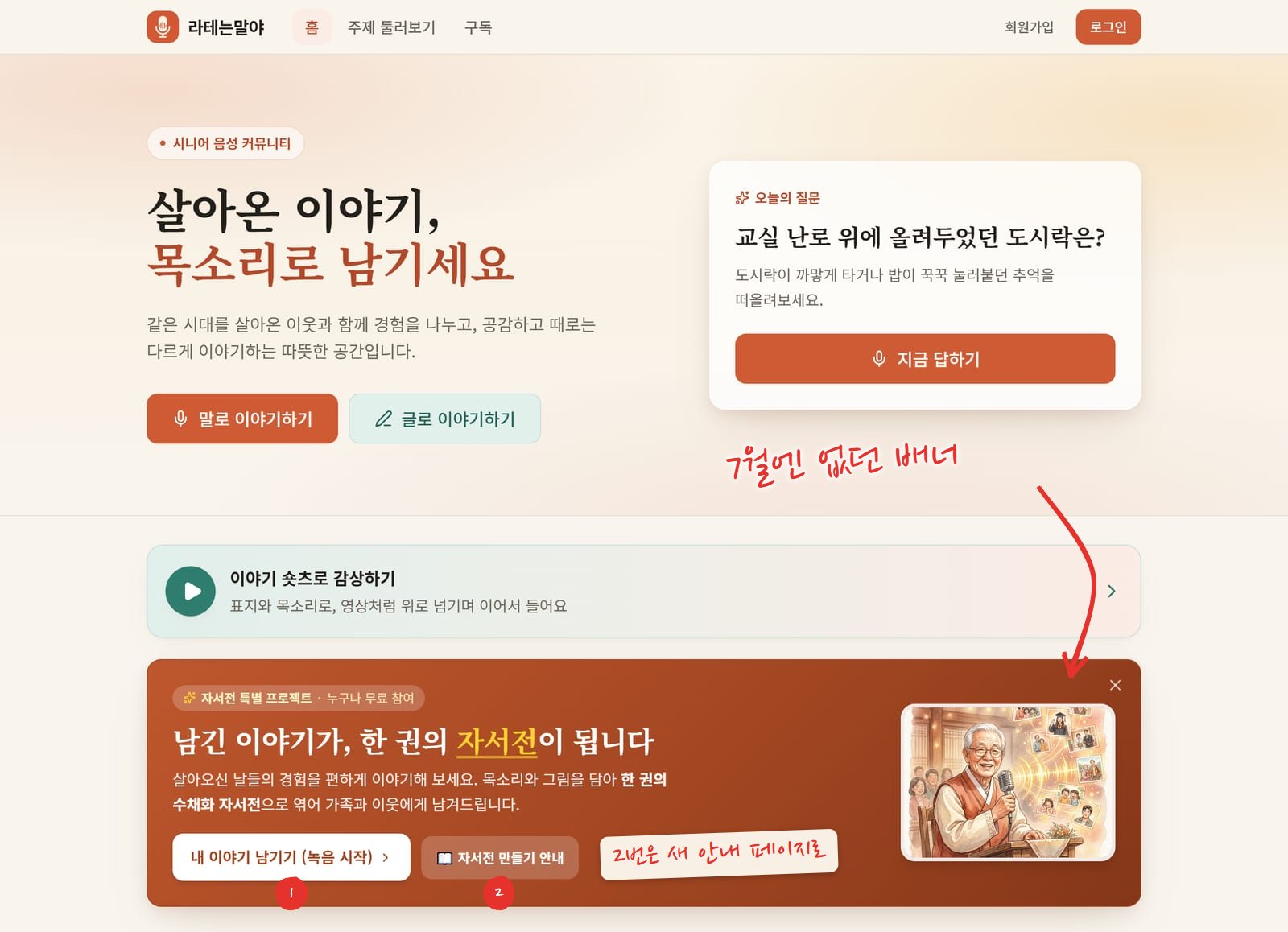데스크톱 첫 화면 위쪽. 소개 문구와 오늘의 질문 카드, 숏츠 띠 아래에 주황색 "자서전 특별 프로젝트, 누구나 무료 참여" 배너가 있고, "남긴 이야기가, 한 권의 자서전이 됩니다" 제목과 내 이야기 남기기, 자서전 만들기 안내 버튼, 오른쪽에 마이크를 든 어르신 그림이 있다. 새 배너에 빨간 화살표, 두 버튼 아래에 번호 1, 2