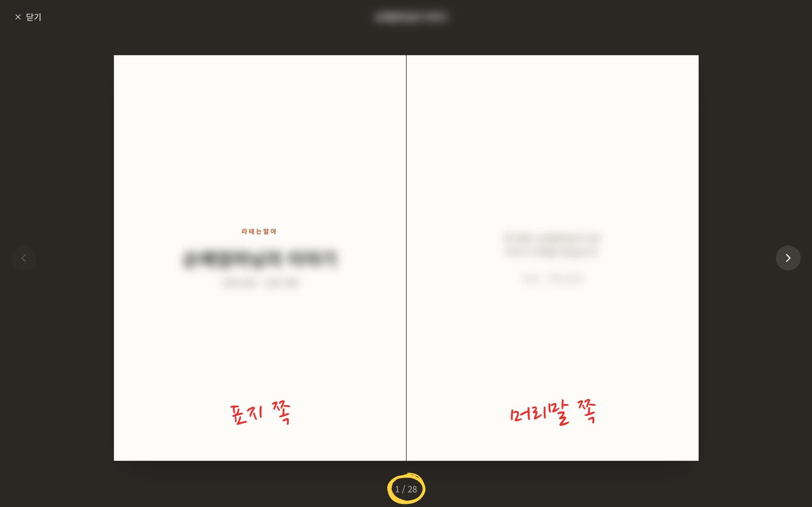 이북 첫 장. 어두운 배경 위에 펼친 책 두 쪽이 있고, 왼쪽 쪽에는 작은 "라테는말야" 글자 아래 흐리게 가린 "누구누구님의 이야기" 제목과 태어난 해·지역, 오른쪽 쪽에는 흐리게 가린 짧은 머리말이 있다. 양옆에 넘김 버튼이 있다. 양쪽에 표지 쪽, 머리말 쪽 손글씨, 쪽수에 노란 동그라미