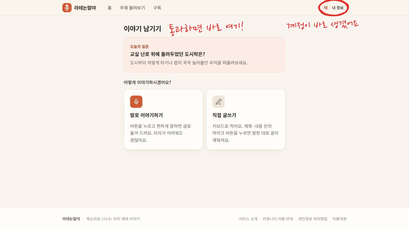 창을 통과한 뒤의 글쓰기 첫 화면. 오늘의 질문 카드 아래에 "어떻게 이야기하시겠어요?"와 말로 이야기하기, 직접 글쓰기 카드 두 개가 나란히 있다. 위쪽 내 정보에 빨간 동그라미