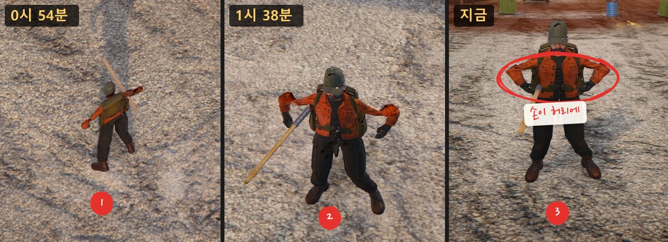 같은 주인공의 대기 자세 세 장. 0시 54분에는 팔을 양옆으로 쭉 뻗고, 1시 38분에는 팔꿈치가 옆으로 나와 있고, 지금은 손을 허리에 얹은 자세. 1·2·3 번호를 붙이고 허리에 얹은 손에 동그라미를 쳤어요