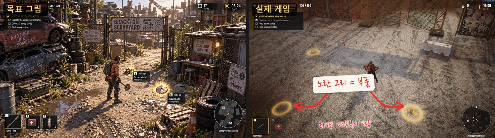 왼쪽 목표 그림은 사람 눈높이에서 본 폐차장 골목, 오른쪽 실제 게임은 높은 곳에서 내려다본 넓고 평평한 바닥에 주인공과 노란 고리 세 개가 있어요. 부품을 뜻하는 노란 고리를 화살표로 가리켰어요