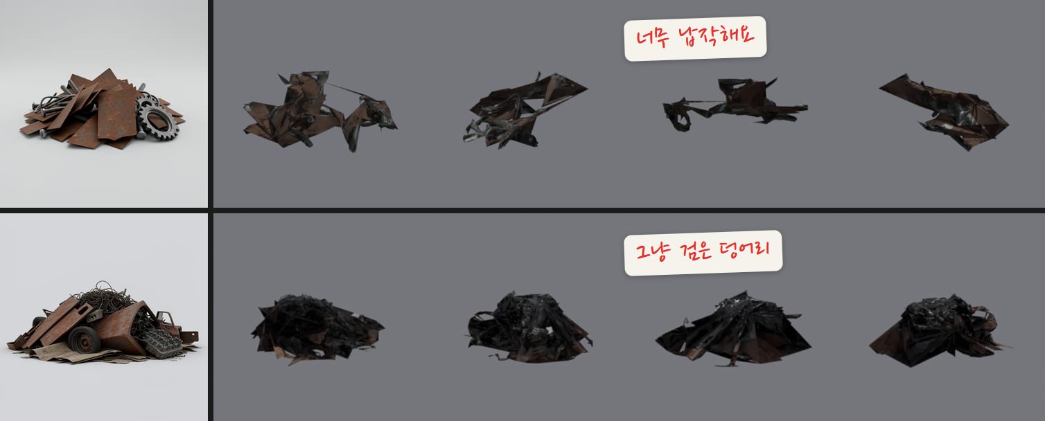 위는 고철 조각 참고 그림과 얇은 철판 조각처럼 나온 3D 결과, 아래는 고철 더미 참고 그림과 검은 덩어리로 나온 3D 결과. 두 줄에 각각 짧은 메모를 적었어요