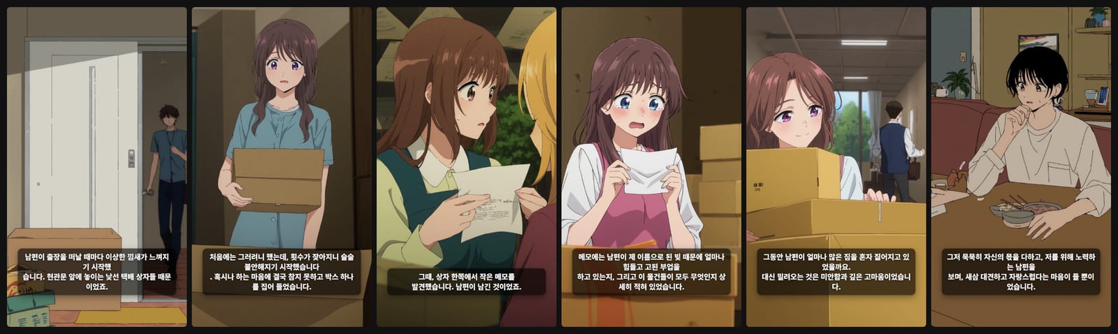 완성된 쇼츠에서 뽑은 여섯 장면. 택배 상자를 든 여자, 메모를 읽는 여자, 상자 더미 뒤의 남편까지 애니 그림체 인물이 자막과 함께 이어져요